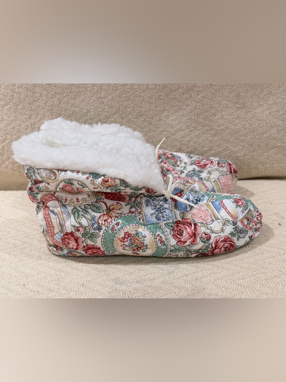 Vintage Dearfoams Warm Up Boots Slipper Booties Pink Blue Floral size 8-9